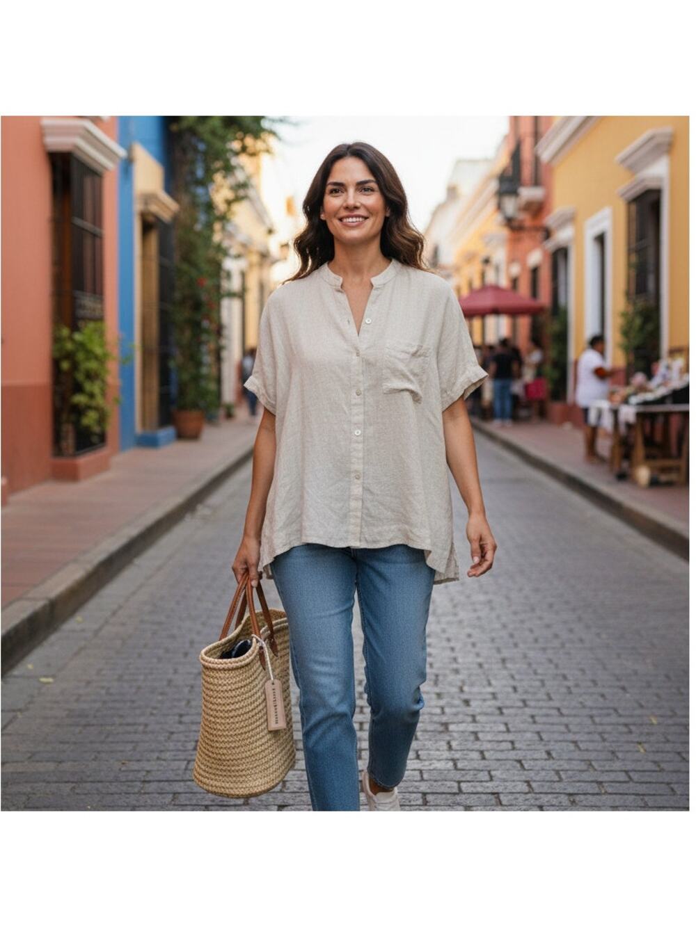 100% Linen Natural Button Front Top, Coastal Minimalist Blouse, Quiet luxury, M
